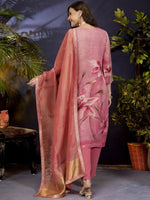 Thumbnail for Anouk Peach Floral Printed Jacquard Organza Straight Kurta With Trousers & Dupatta