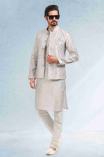 Thumbnail for Raivat Ethnic Art Banarasi Silk Thread Work 3 Pics Jacket Set In Grey Colour - Distacart