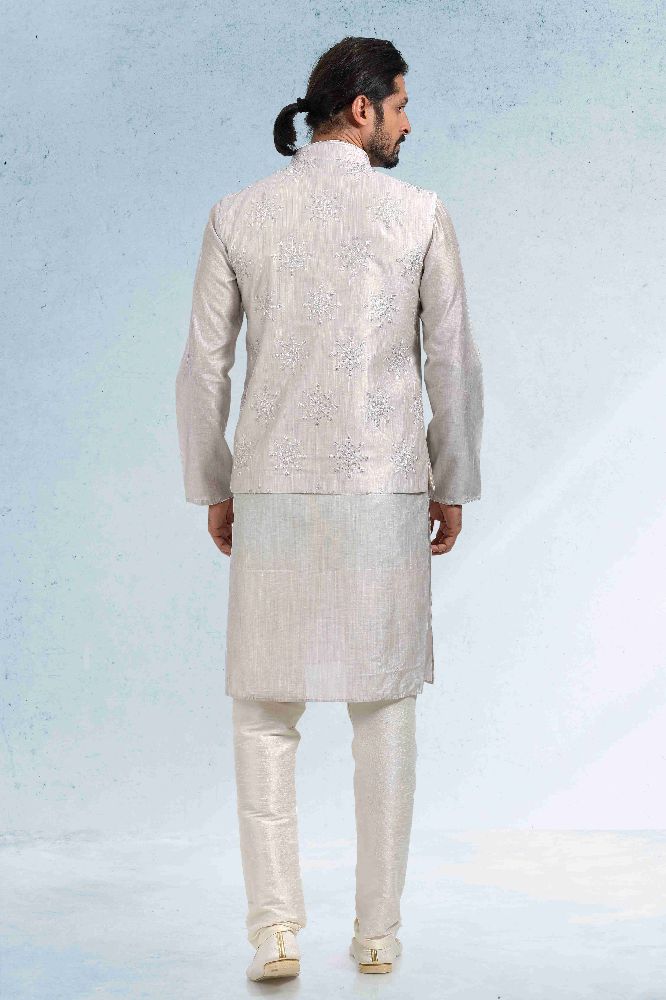 Raivat Ethnic Art Banarasi Silk Thread Work 3 Pics Jacket Set In Grey Colour - Distacart