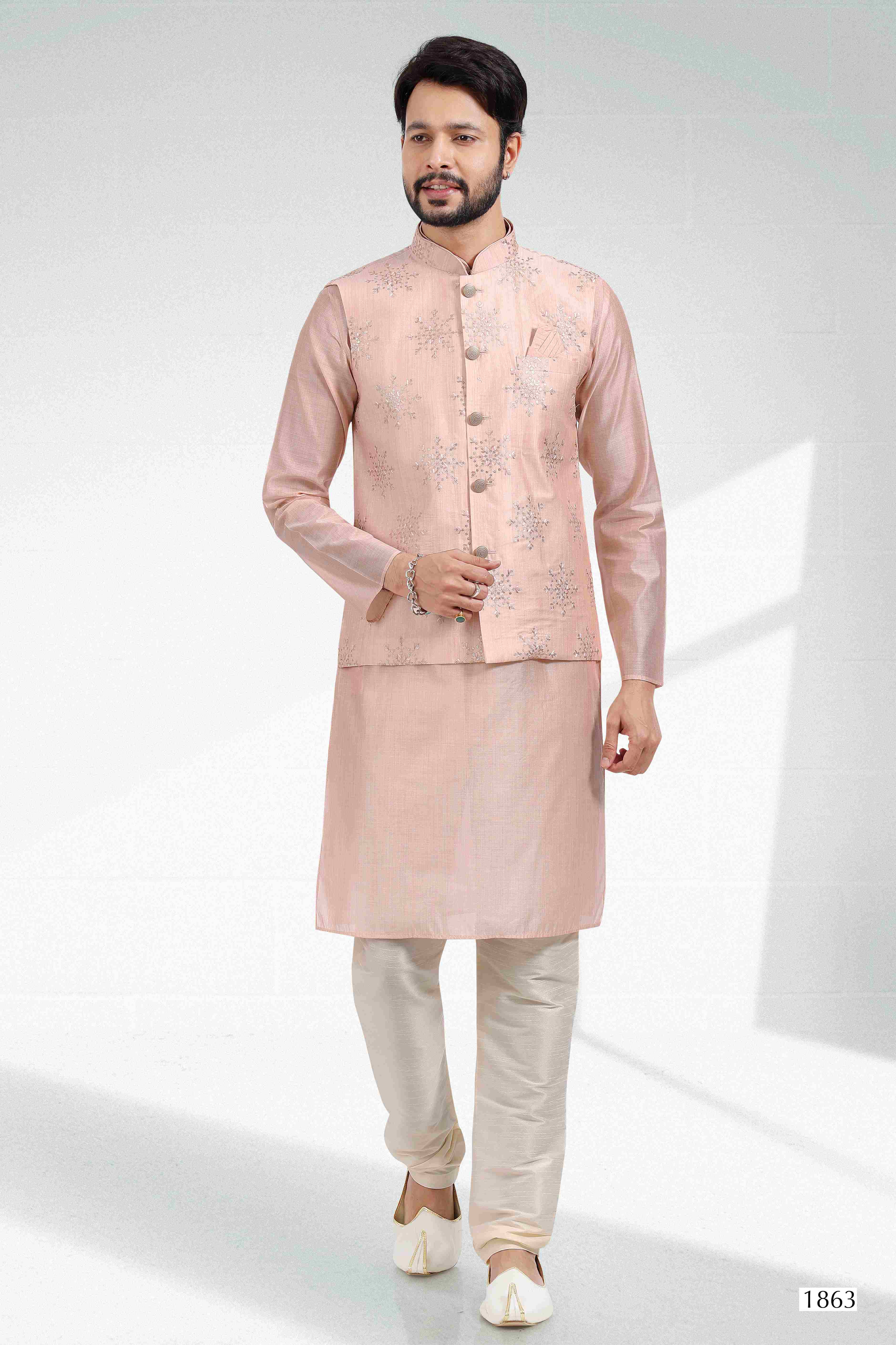 Raivat Ethnic Art Banarasi Silk Thread Work 3 Pics Jacket Set In Light Peach Colour - Distacart