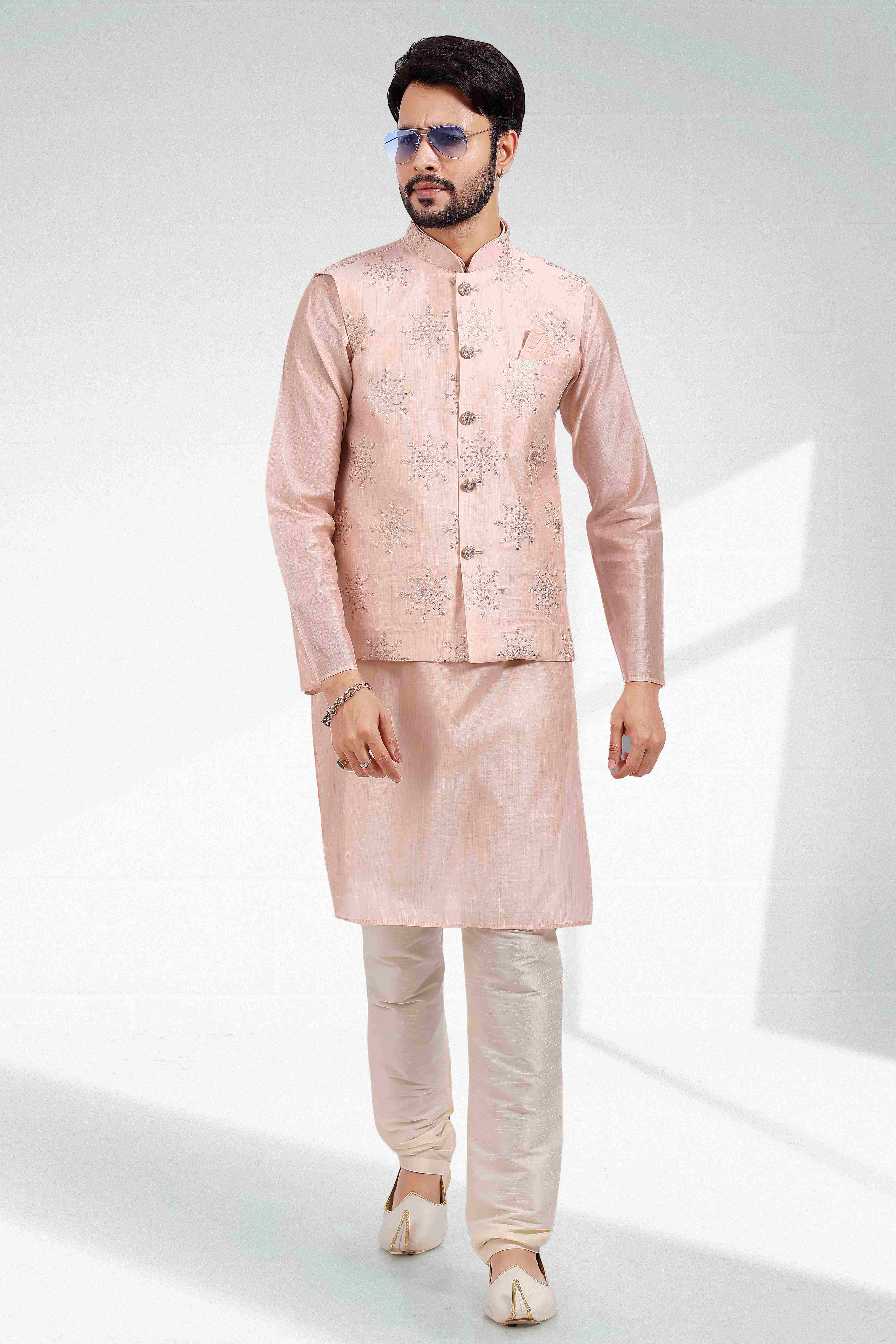 Raivat Ethnic Art Banarasi Silk Thread Work 3 Pics Jacket Set In Light Peach Colour - Distacart