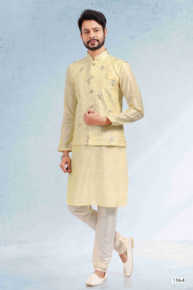 Raivat Ethnic Art Banarasi Silk Thread Work 3 Pics Jacket Set In Yellow Colour - Distacart