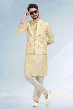 Thumbnail for Raivat Ethnic Art Banarasi Silk Thread Work 3 Pics Jacket Set In Yellow Colour - Distacart