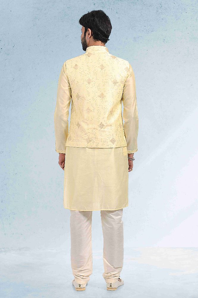 Raivat Ethnic Art Banarasi Silk Thread Work 3 Pics Jacket Set In Yellow Colour - Distacart