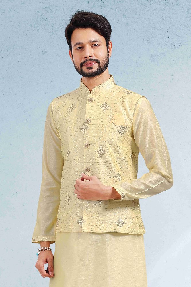 Raivat Ethnic Art Banarasi Silk Thread Work 3 Pics Jacket Set In Yellow Colour - Distacart