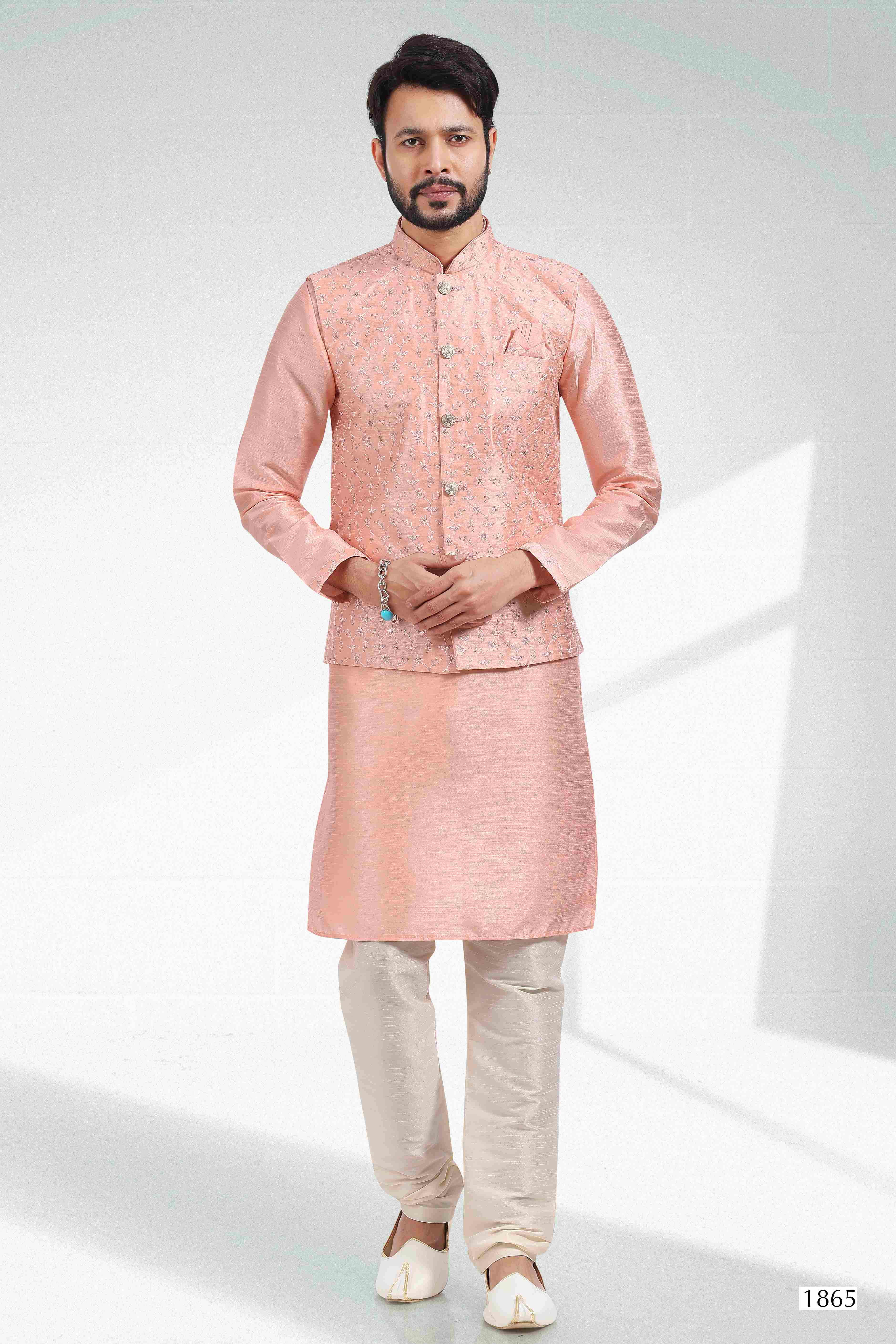 Raivat Ethnic Art Banarasi Silk Thread Work 3 Pics Jacket Set In Peach Colour - Distacart