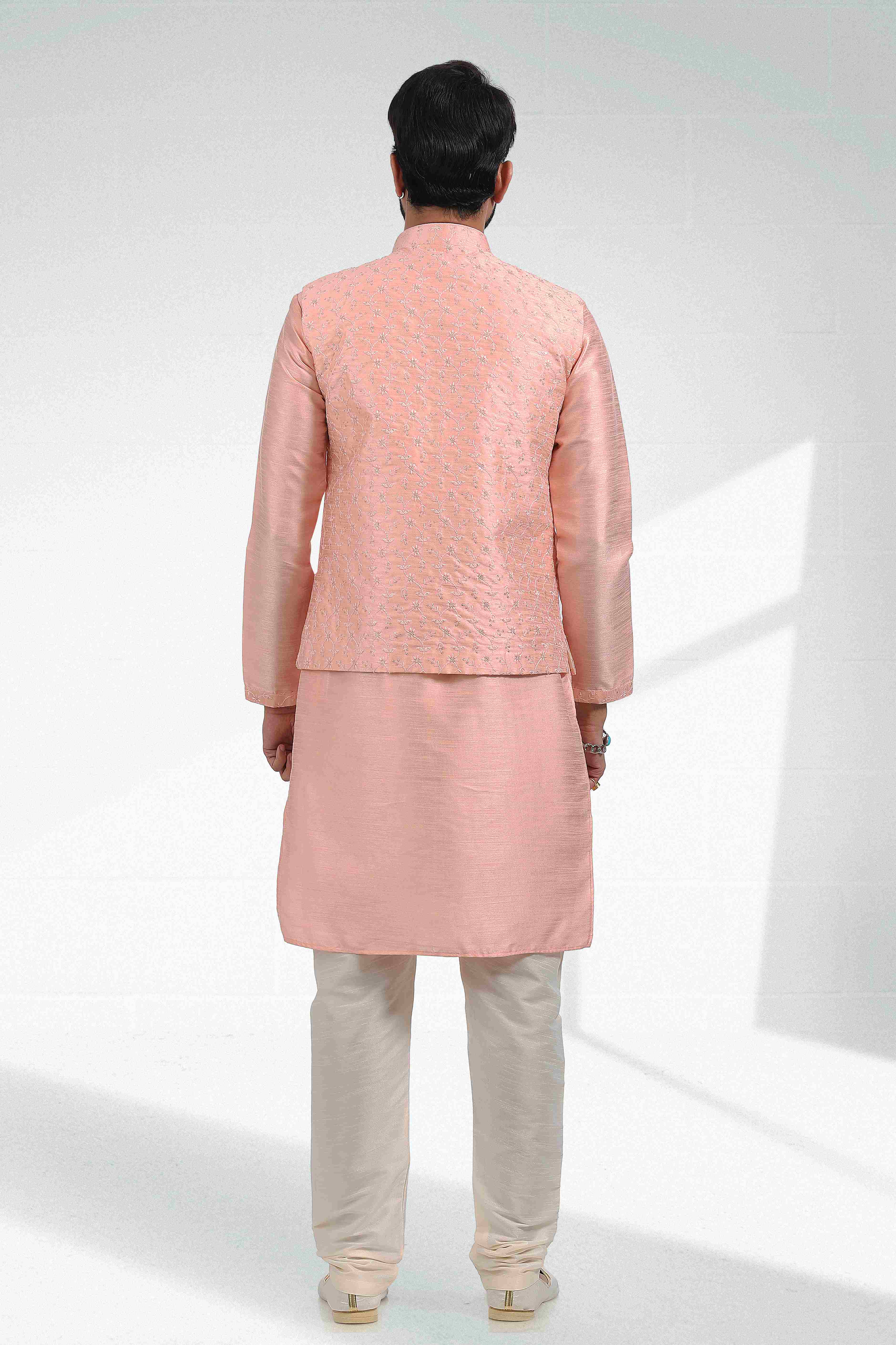 Raivat Ethnic Art Banarasi Silk Thread Work 3 Pics Jacket Set In Peach Colour - Distacart
