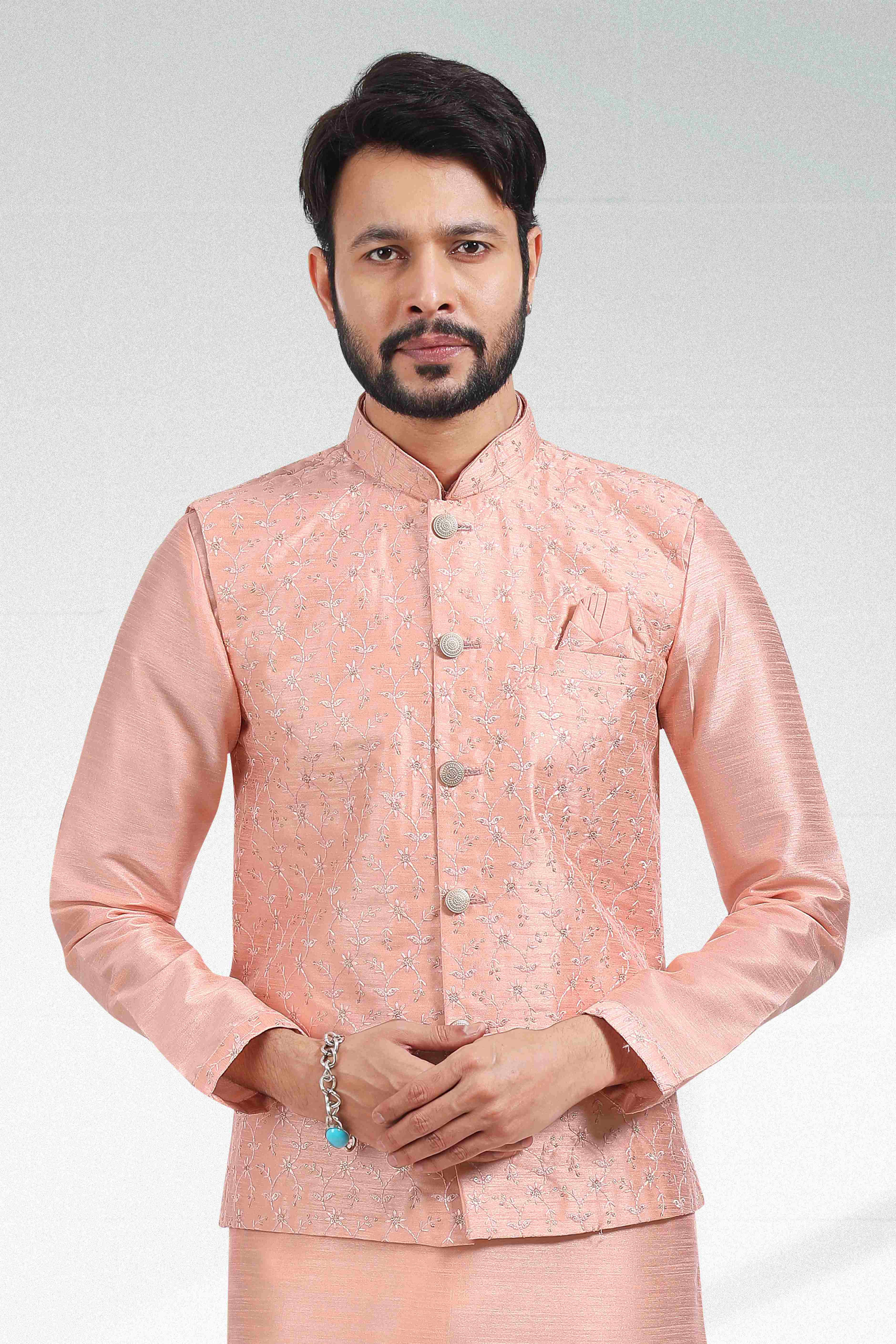 Raivat Ethnic Art Banarasi Silk Thread Work 3 Pics Jacket Set In Peach Colour - Distacart