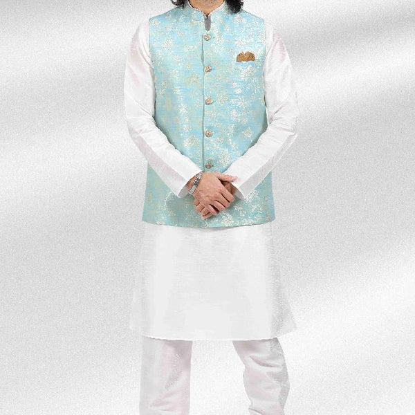 Raivat Ethnic Jacquard Banarasi Silk Woven Work 3 Pics Jacket Set In Sky Blue Colour - Distacart