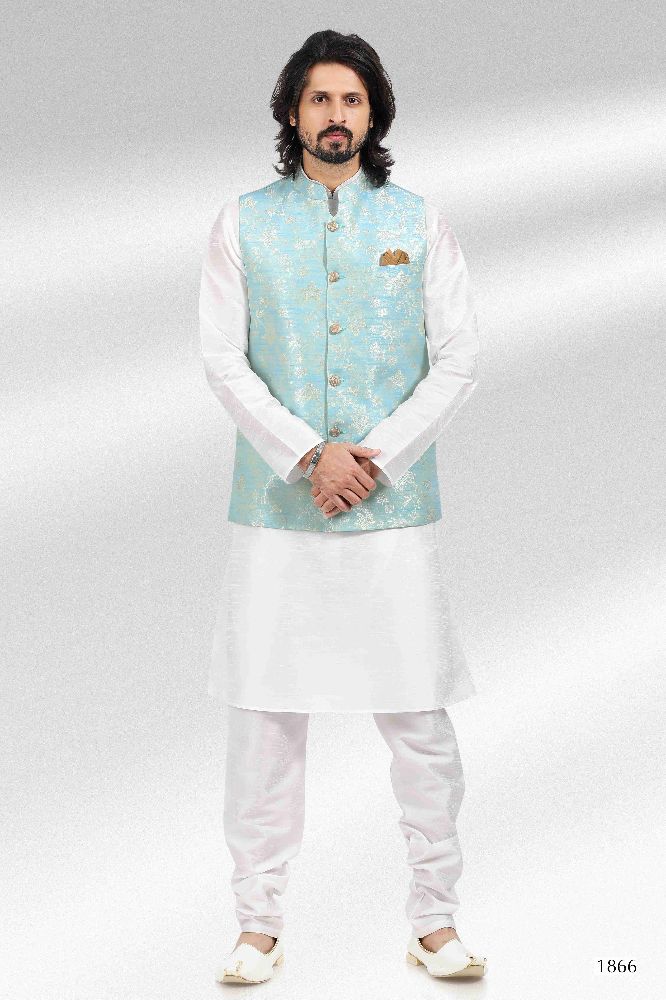 Raivat Ethnic Jacquard Banarasi Silk Woven Work 3 Pics Jacket Set In Sky Blue Colour - Distacart