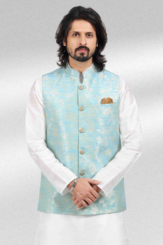 Raivat Ethnic Jacquard Banarasi Silk Woven Work 3 Pics Jacket Set In Sky Blue Colour - Distacart