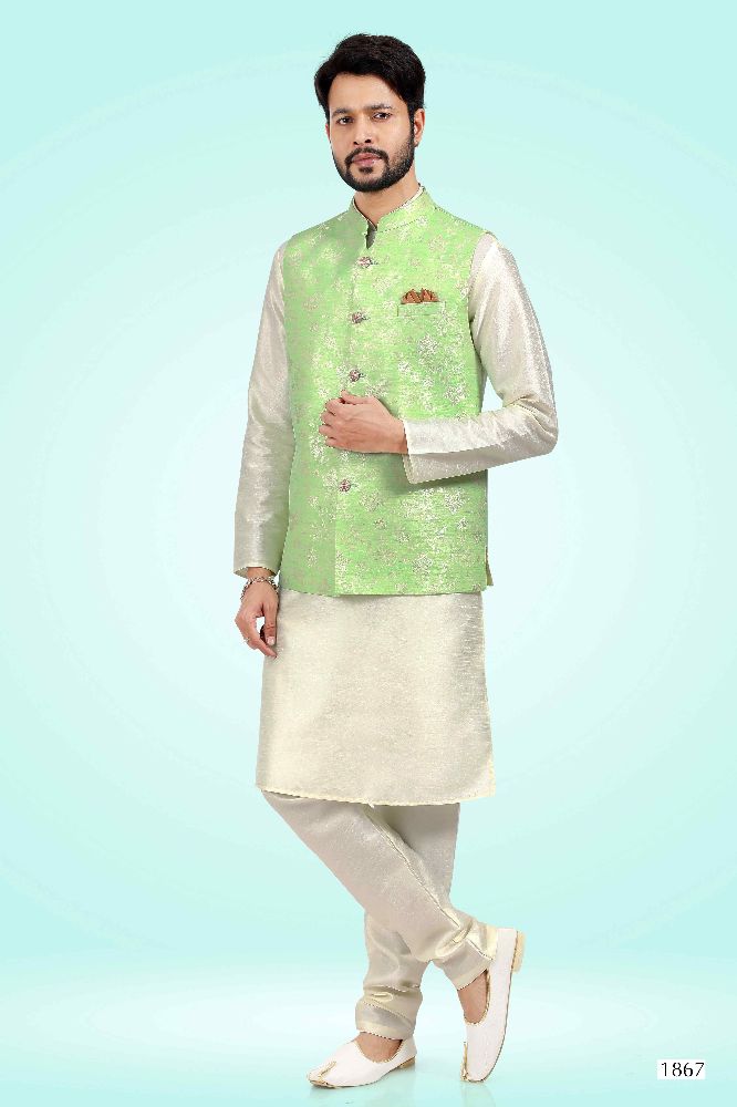 Raivat Ethnic Jacquard Banarasi Silk Woven Work 3 Pics Jacket Set In Pista Green Colour - Distacart
