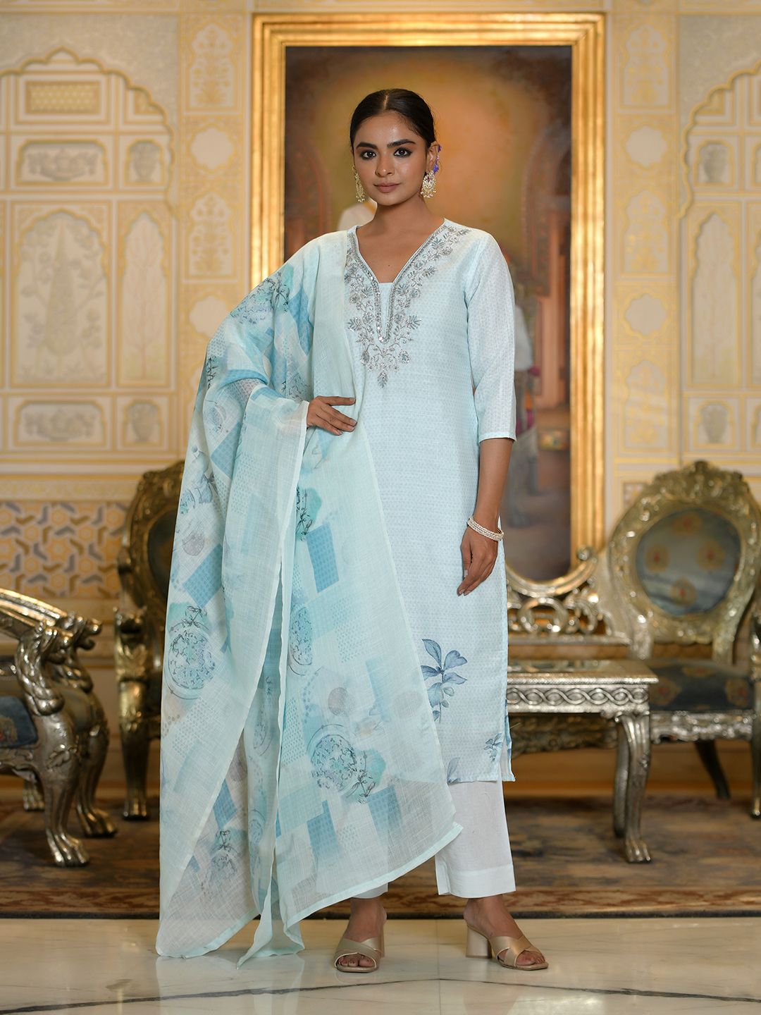 Vaasva Women's Blue Linen Suit Set With Printed Dupatta - Distacart