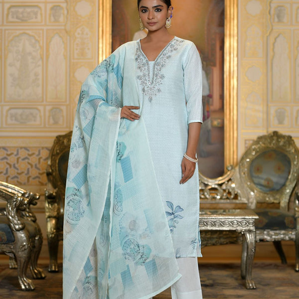 Vaasva Women's Blue Linen Suit Set With Printed Dupatta - Distacart