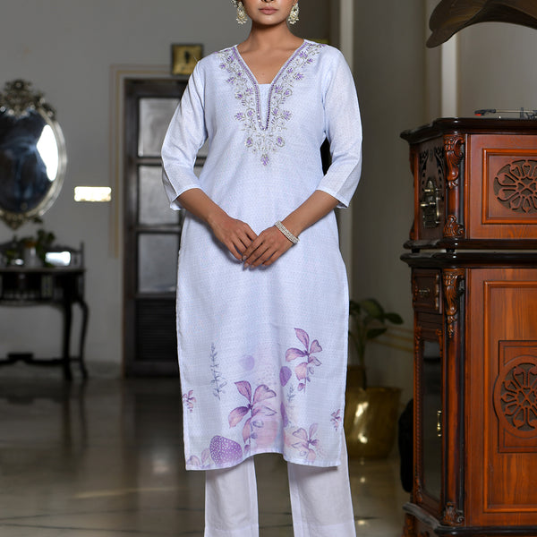 Vaasva Women's Lilac Linen Suit Set With Printed Dupatta - Distacart