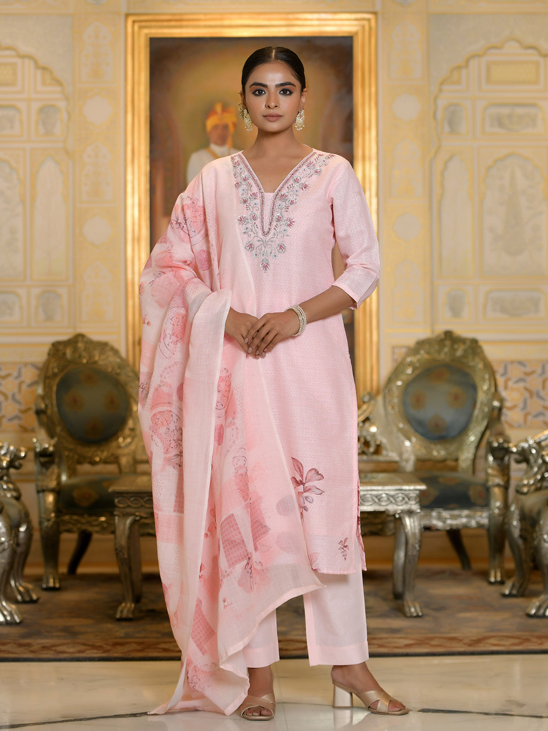 Vaasva Women's Pink Linen Suit Set With Printed Dupatta - Distacart
