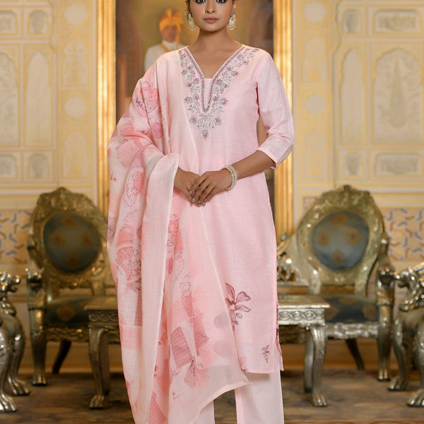 Vaasva Women's Pink Linen Suit Set With Printed Dupatta - Distacart