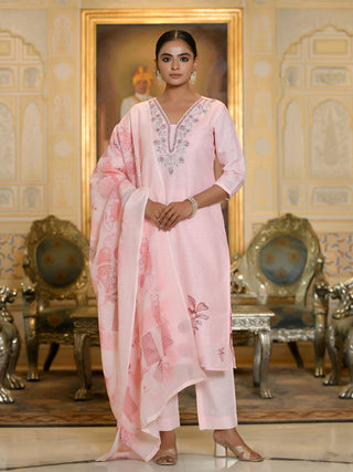 Vaasva Women's Pink Linen Suit Set With Printed Dupatta