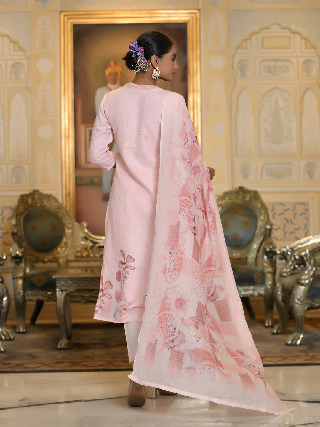 Vaasva Women's Pink Linen Suit Set With Printed Dupatta - Distacart