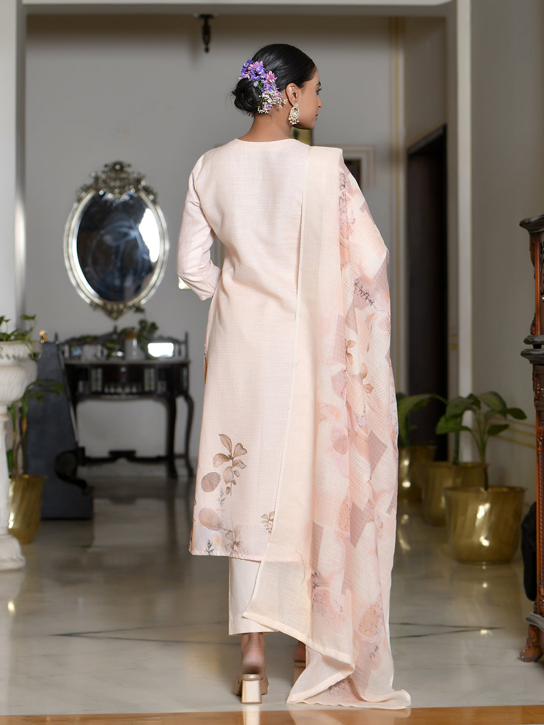 Vaasva Women's Peach Linen Suit Set With Printed Dupatta - Distacart