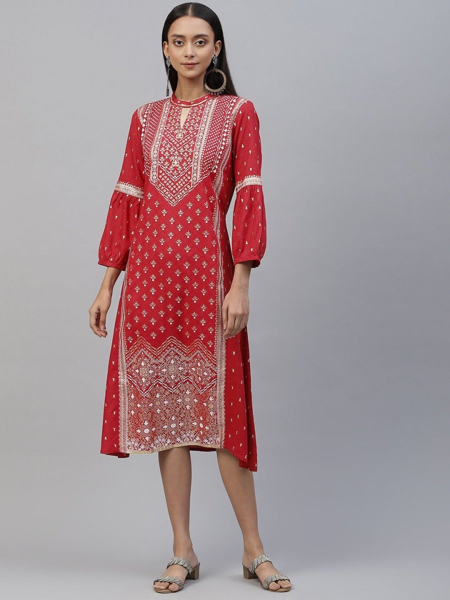 AURELIA Women Red & Golden Ethnic Motifs A-Line Midi Ethnic Dress - Distacart