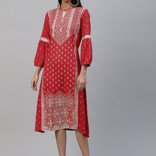 AURELIA Women Red & Golden Ethnic Motifs A-Line Midi Ethnic Dress - Distacart