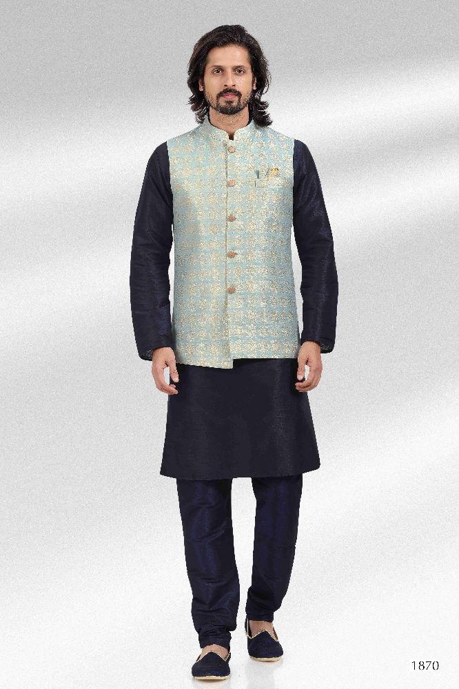 Raivat Ethnic Jacquard Banarasi Silk Woven Work 3 Pics Jacket Set In Blue Colour - Distacart