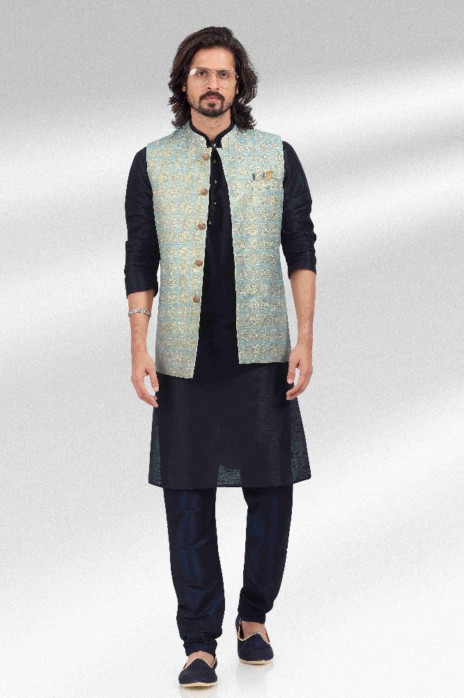 Raivat Ethnic Jacquard Banarasi Silk Woven Work 3 Pics Jacket Set In Blue Colour - Distacart