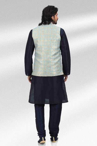 Raivat Ethnic Jacquard Banarasi Silk Woven Work 3 Pics Jacket Set In Blue Colour - Distacart