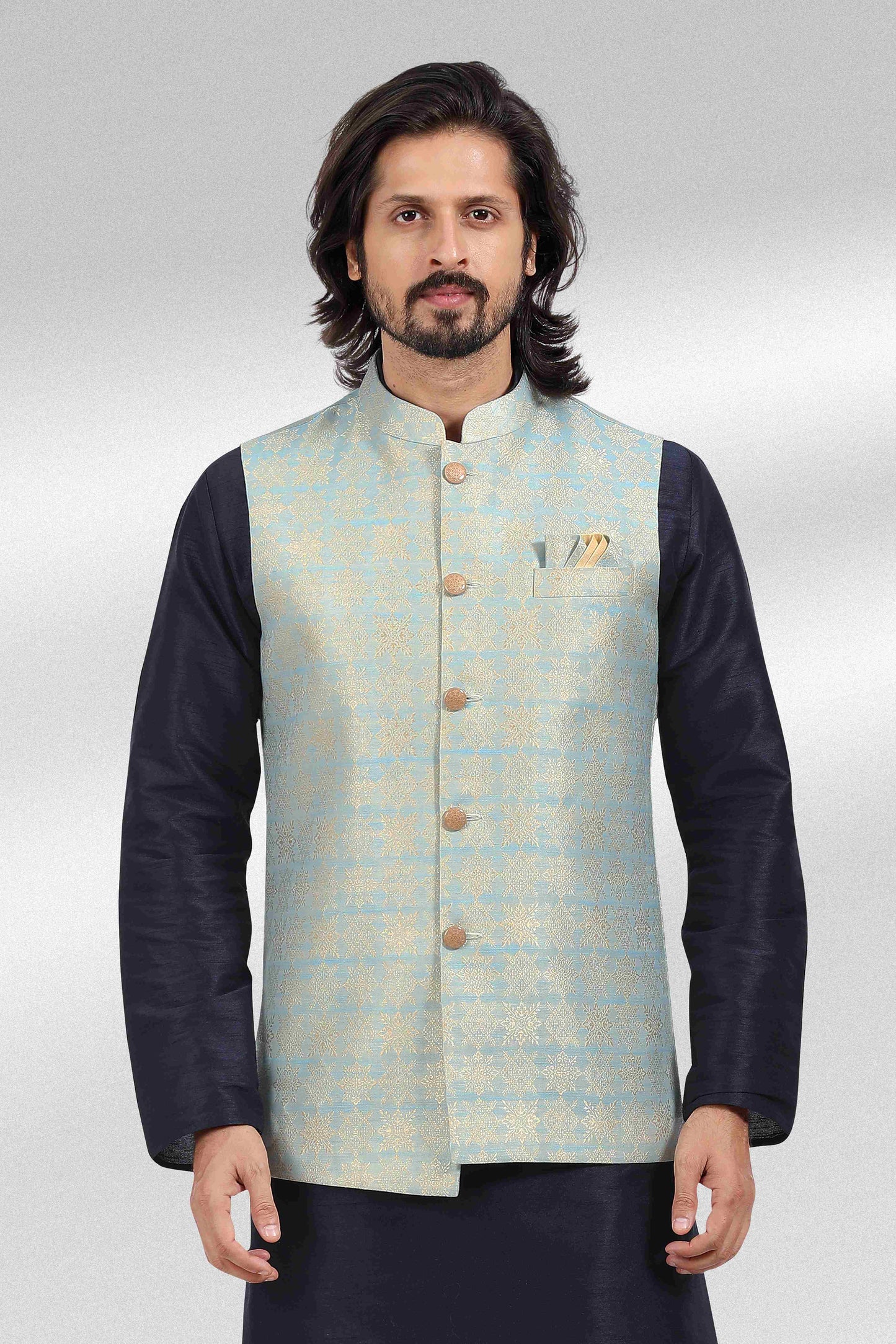 Raivat Ethnic Jacquard Banarasi Silk Woven Work 3 Pics Jacket Set In Blue Colour - Distacart