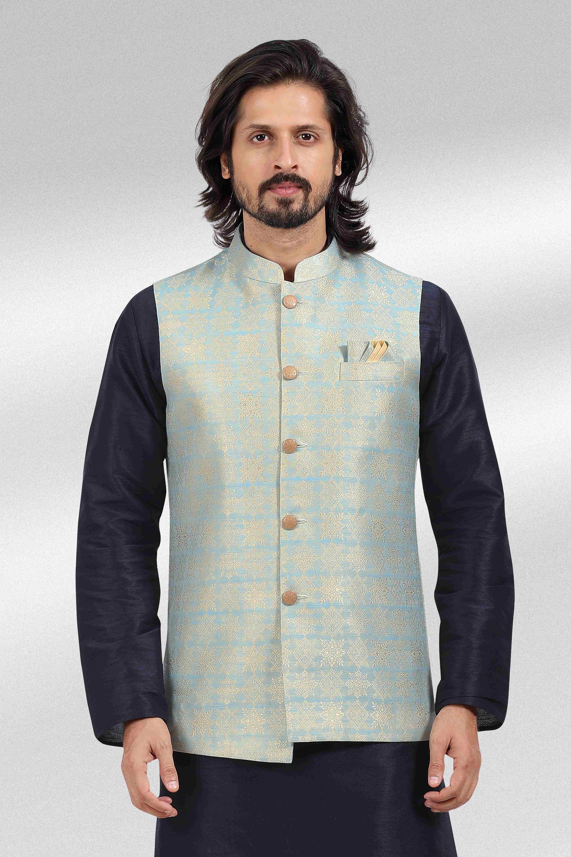 Raivat Ethnic Jacquard Banarasi Silk Woven Work 3 Pics Jacket Set In Blue Colour - Distacart