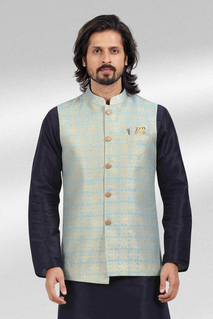 Raivat Ethnic Jacquard Banarasi Silk Woven Work 3 Pics Jacket Set In Blue Colour - Distacart