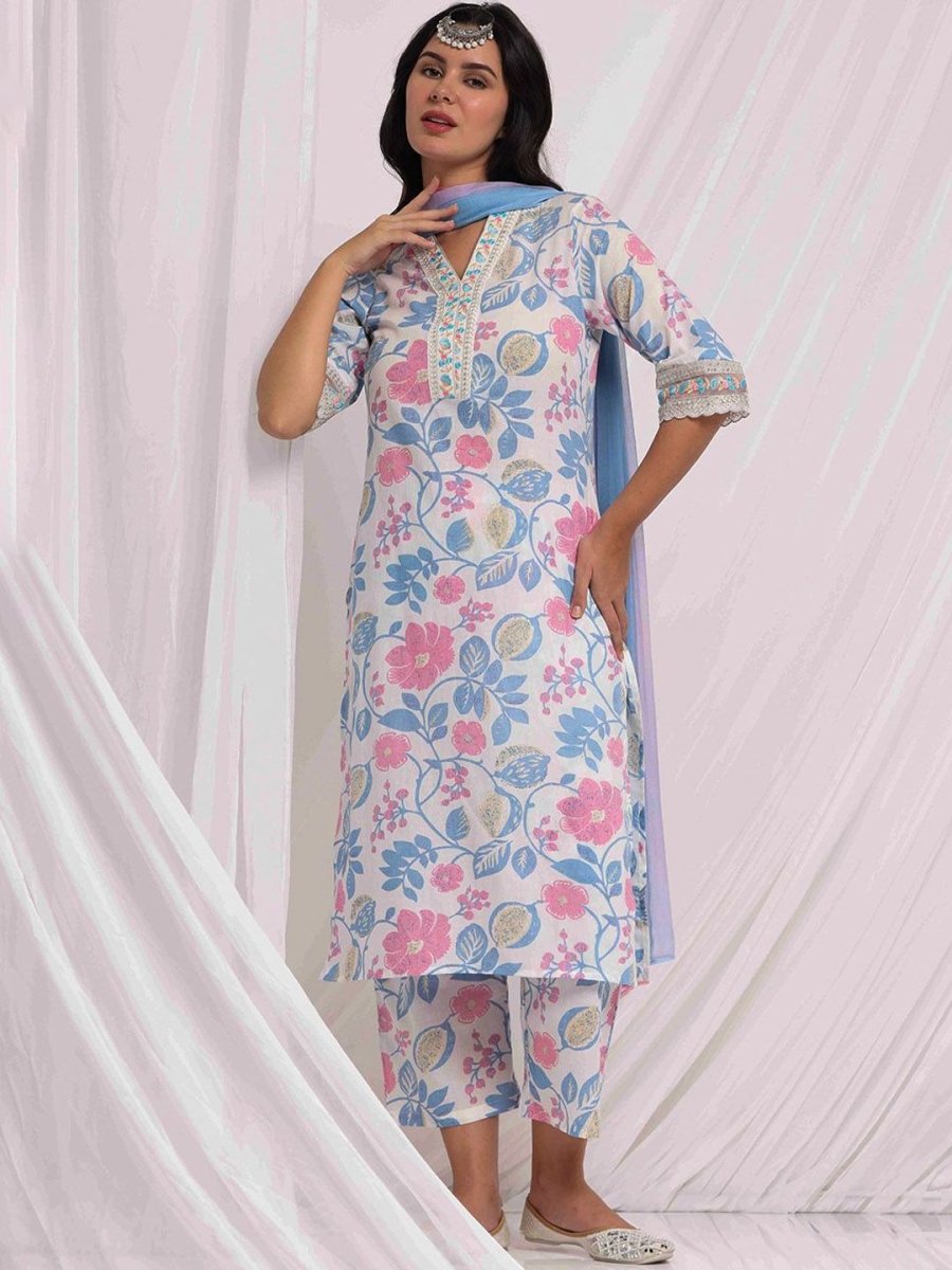Anouk Off-White Floral Embroidered Thread Work Pure Cotton Kurta with Trousers & Dupatta - Distacart