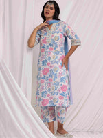 Thumbnail for Anouk Off-White Floral Embroidered Thread Work Pure Cotton Kurta with Trousers & Dupatta