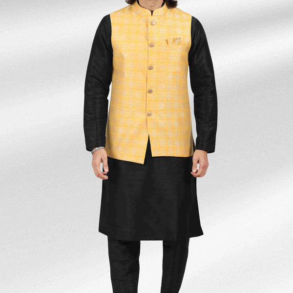 Raivat Ethnic Jacquard Banarasi Silk Woven Work 3 Pics Jacket Set In Yellow Colour - Distacart