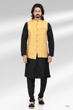 Thumbnail for Raivat Ethnic Jacquard Banarasi Silk Woven Work 3 Pics Jacket Set In Yellow Colour - Distacart