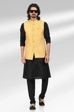 Thumbnail for Raivat Ethnic Jacquard Banarasi Silk Woven Work 3 Pics Jacket Set In Yellow Colour - Distacart