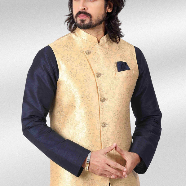 Raivat Ethnic Jacquard Banarasi Silk Woven Work 3 Pics Jacket Set In Gold Colour - Distacart