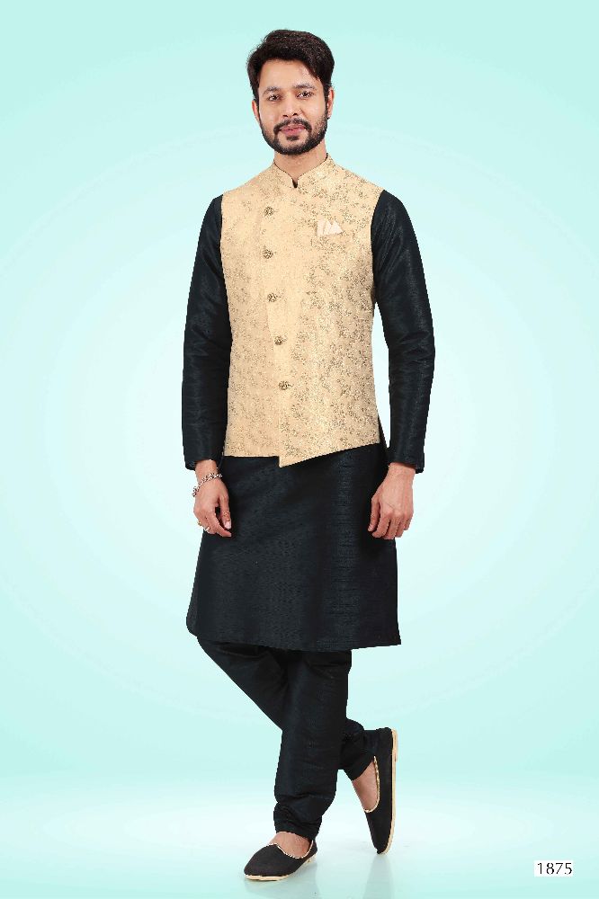 Raivat Ethnic Jacquard Banarasi Silk Woven Work 3 Pics Jacket Set In Gold Colour - Distacart