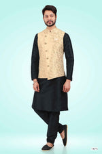 Thumbnail for Raivat Ethnic Jacquard Banarasi Silk Woven Work 3 Pics Jacket Set In Gold Colour - Distacart