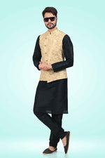 Thumbnail for Raivat Ethnic Jacquard Banarasi Silk Woven Work 3 Pics Jacket Set In Gold Colour - Distacart