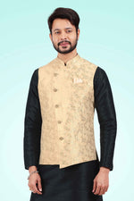 Thumbnail for Raivat Ethnic Jacquard Banarasi Silk Woven Work 3 Pics Jacket Set In Gold Colour - Distacart