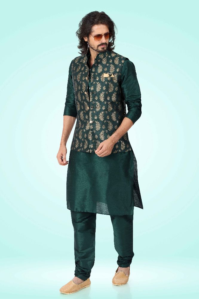 Raivat Ethnic Jacquard Banarasi Silk Woven Work 3 Pics Jacket Set In Green Colour - Distacart