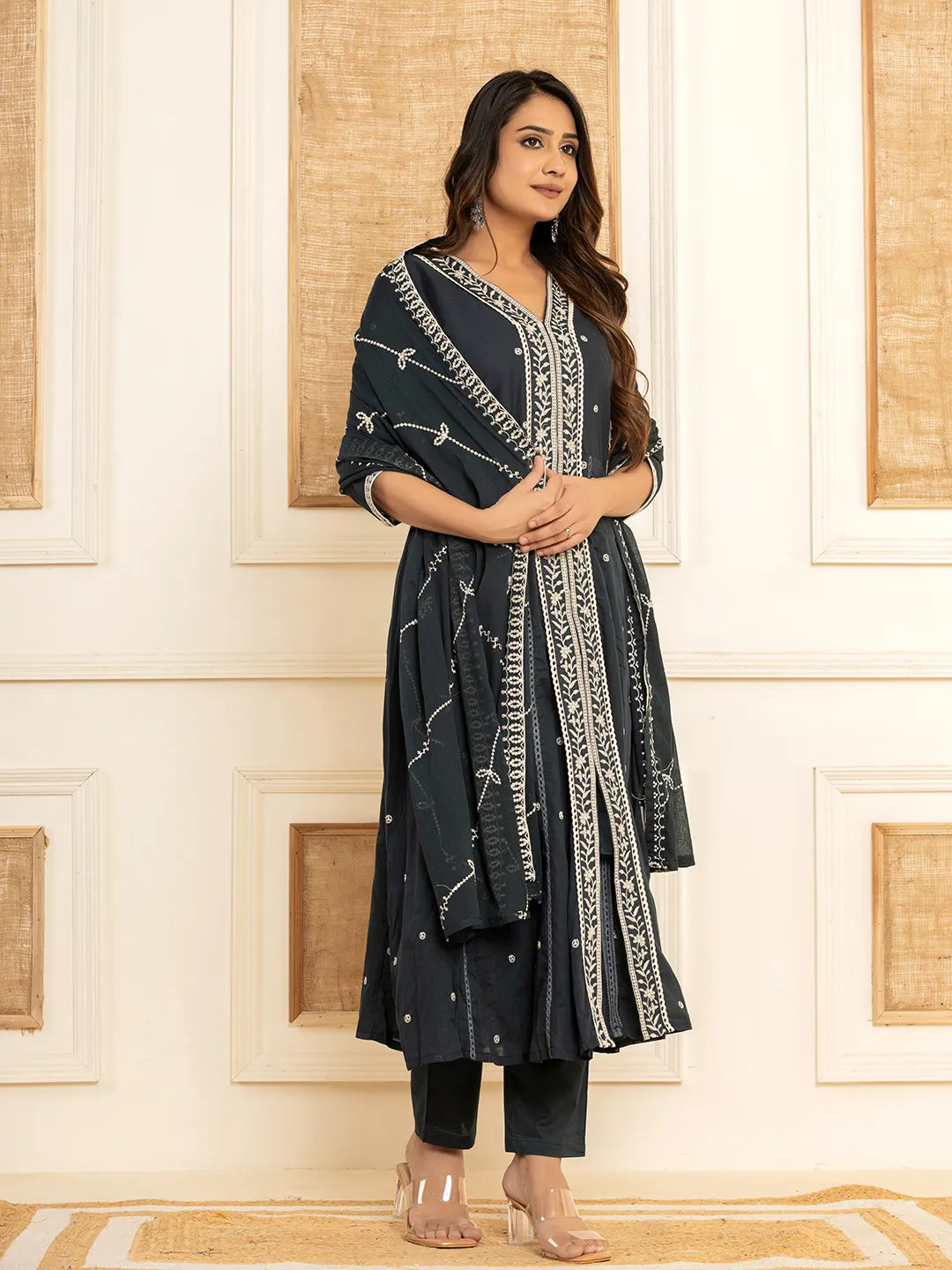Yufta Navy Blue Cotton Embroidered Kurta Set With Dupatta - Distacart