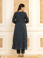 Thumbnail for Yufta Navy Blue Cotton Embroidered Kurta Set With Dupatta
