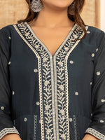 Thumbnail for Yufta Navy Blue Cotton Embroidered Kurta Set With Dupatta