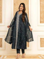 Thumbnail for Yufta Navy Blue Cotton Embroidered Kurta Set With Dupatta