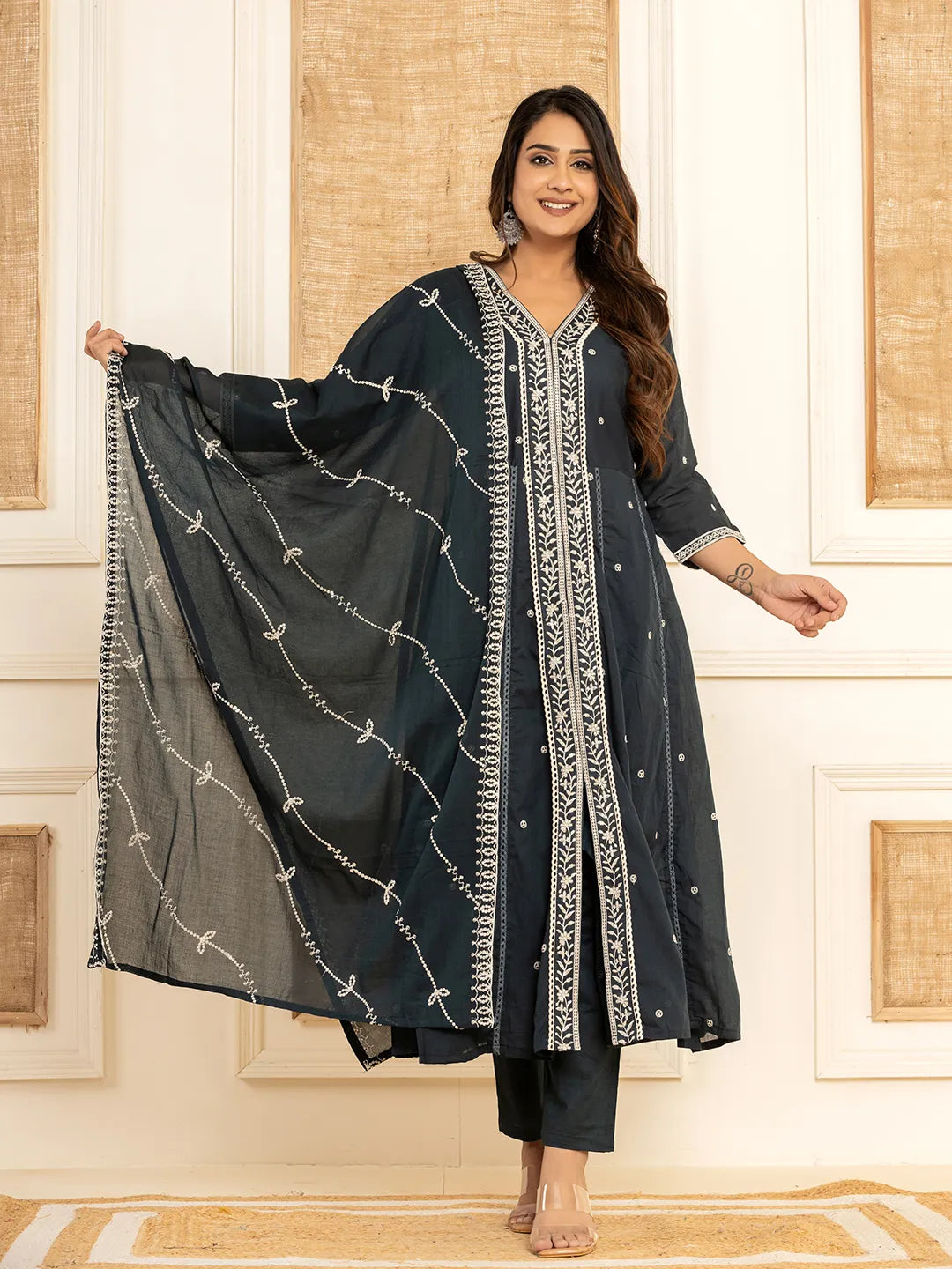 Yufta Navy Blue Cotton Embroidered Kurta Set With Dupatta
