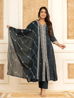 Thumbnail for Yufta Navy Blue Cotton Embroidered Kurta Set With Dupatta