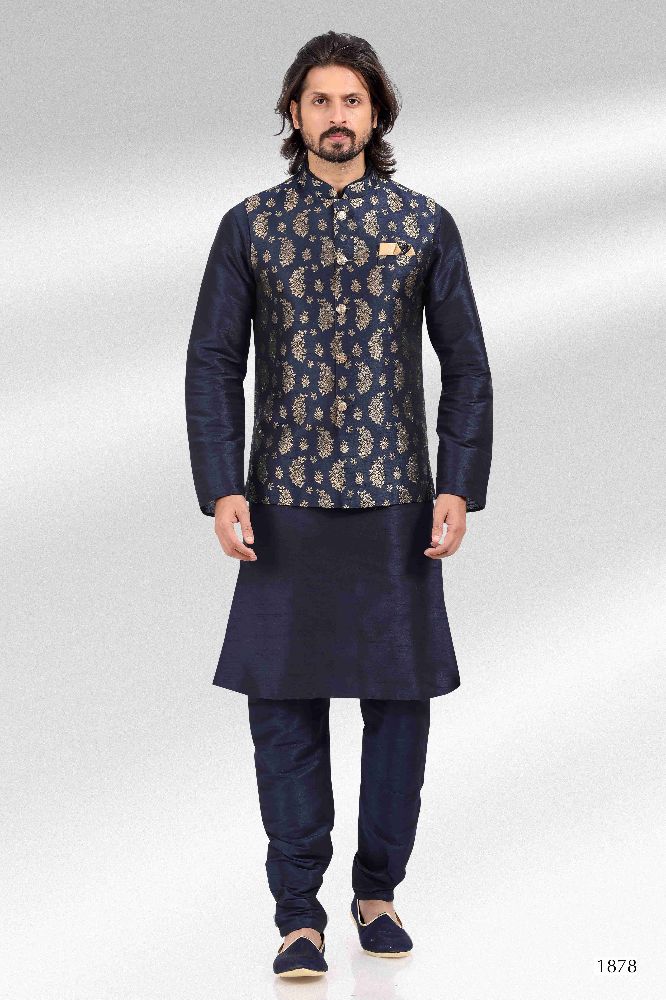 Raivat Ethnic Jacquard Banarasi Silk Woven Work 3 Pics Jacket Set In Blue Colour - Distacart